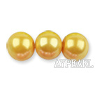 Glass pearl beads,10mm round,yellow, about 87pcs/strand, Sold per 32-inch strand