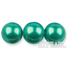 Glass pearl beads,14mm round,green, about 62pcs/strand, Sold per 32-inch strand