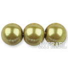 Glass pearl beads,14mm round,mustard , about 62pcs/strand, Sold per 32-inch strand