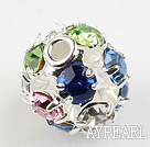 Rhinestone round beads,6mm,silver-plated ,multicolor. Sold per pkg of 100
