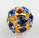 Rhinestone round beads,6mm,Golden,Blue, Sold per pkg of 100