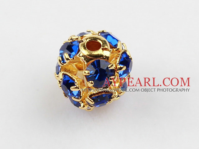 Rhinestone round beads,6mm,Golden,Blue, Sold per pkg of 100