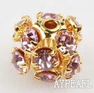 Rhinestone round beads, 6mm, golden, purple. Sold per pkg of 100