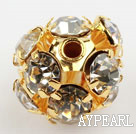 Rhinestone round beads, 10mm, golden, clear. Sold per pkg of 100.