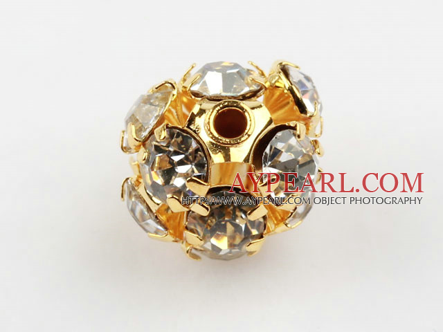 Rhinestone round beads, 10mm, golden, clear. Sold per pkg of 100.