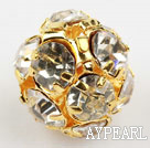 Rhinestone round beads, 14mm, golden-plated, clear. Sold per pkg of 100.