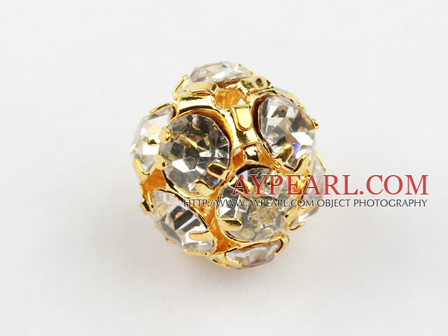 Rhinestone round beads, 14mm, golden-plated, clear. Sold per pkg of 100.