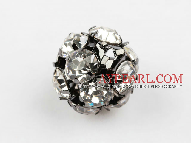 Rhinestone round beads, 16mm, black-plated, clear. Sold per pkg of 100.