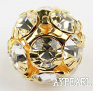 Rhinestone round beads, 16mm, golden-plated, clear. Sold per pkg of 100.