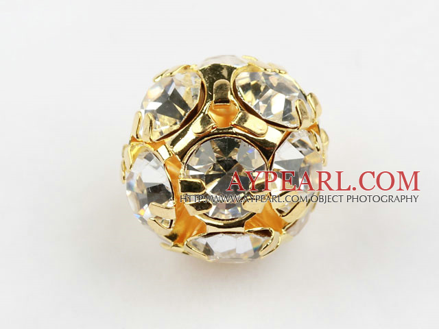 Rhinestone round beads, 16mm, golden-plated, clear. Sold per pkg of 100.