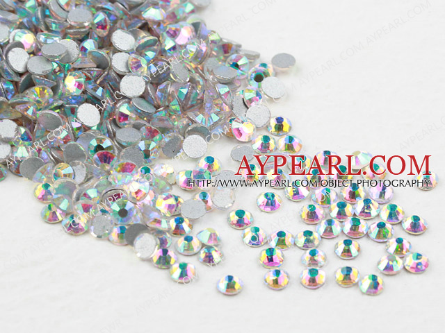 Rhinestone cabochon, AB COLOR, silver-foil back ,3.0-3.2mm faceted round, SS12. Sold per pkg of 1440.