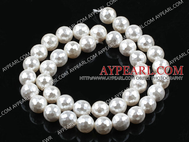 Sea shell beads, white, 10mm faceted round. Sold per 15.16-inch strand.
