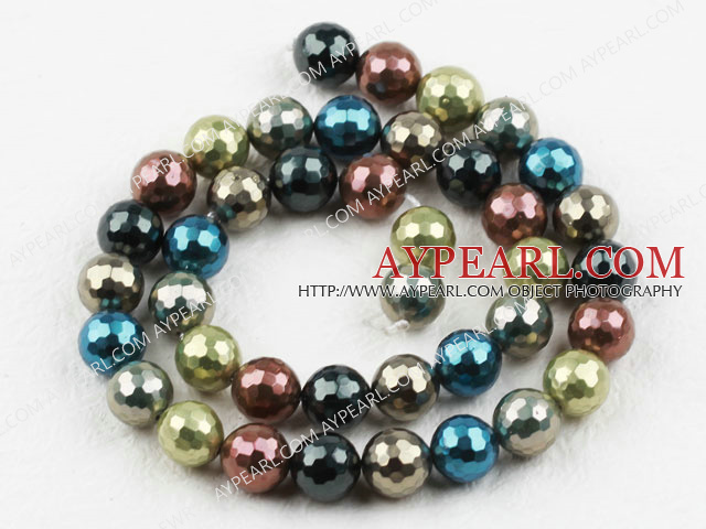 Sea shell beads, multi color, 10mm faceted round. Sold per 15.16-inch strand.