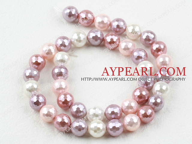 Sea shell beads, pink, 10mm faceted round. Sold per 15.16-inch strand.
