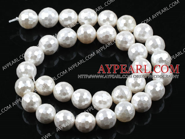 Sea shell beads, white, 12mm faceted round. Sold per 15.16-inch strand.