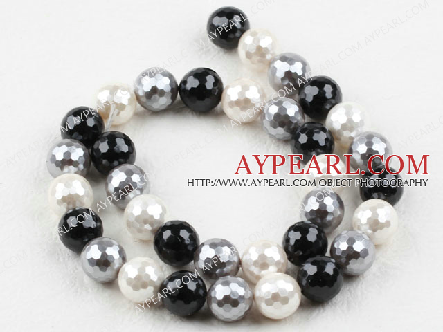 Sea shell beads, black, 12mm faceted round. Sold per 15.16-inch strand.