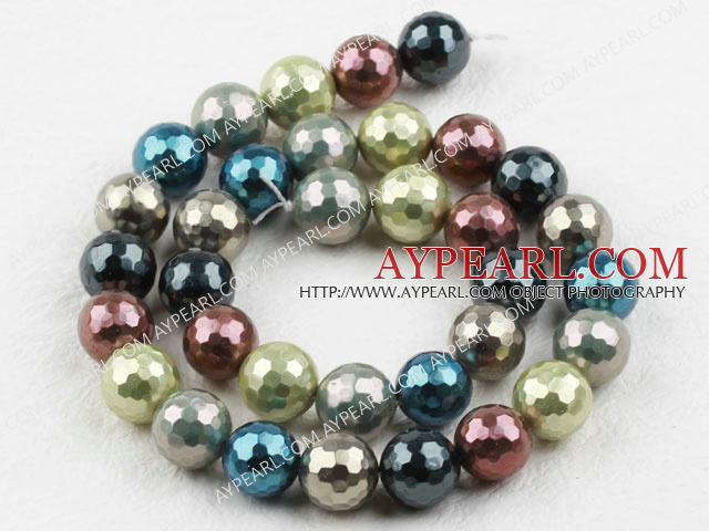 Sea shell beads, multi color, 12mm faceted round. Sold per 15.16-inch strand.