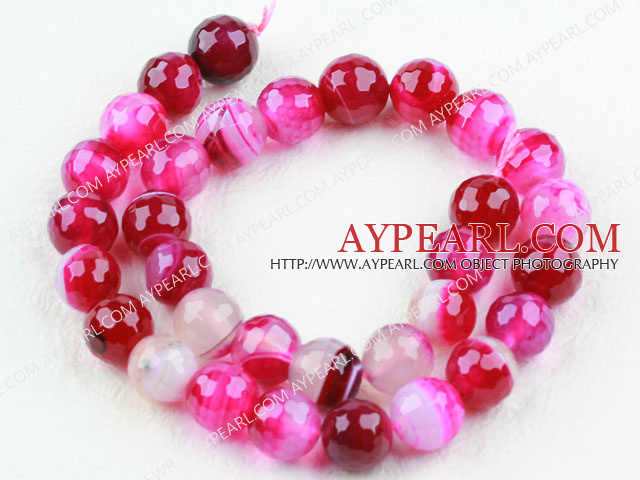 Agate gemstone beads, red, 12mm streaked faceted round. Sold per 15.16-inch strand.
