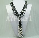 Wholesale White Freshwater Pearl and Black Glass Beads Knot Tassel Necklace