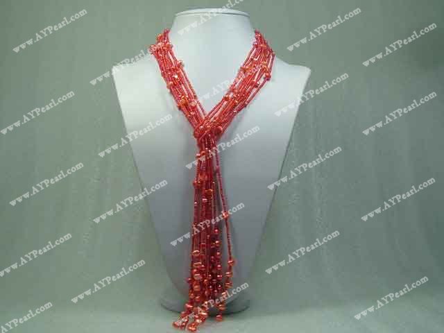 Multi Strands Red Pearl and Glass Beads Knot Tassel Necklace