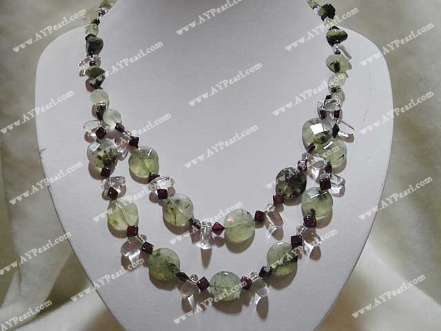 Green rutilated quartz garnet crystal necklace