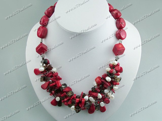 coral pearl smoky quartz necklace