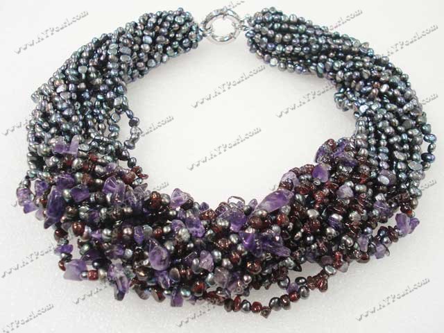 Wholesale Pearl Jewelry-black pearl garnet amethyst necklace