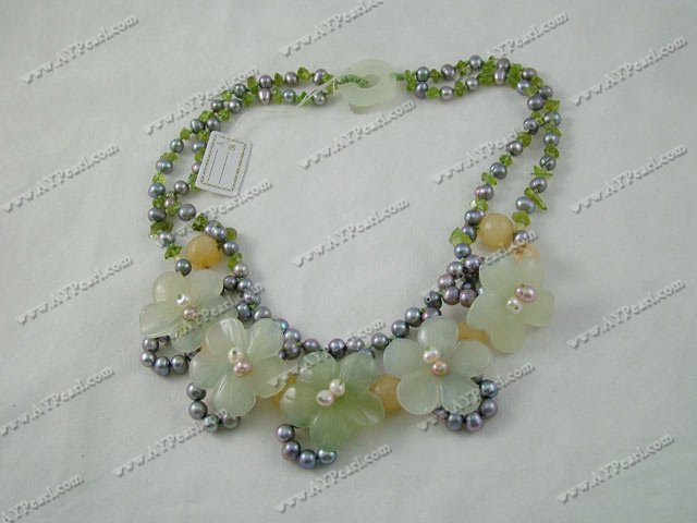 pearl jade flower olive necklace