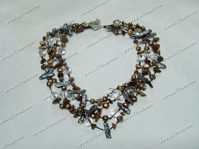 Biwa pearl crystal tiger eye necklace