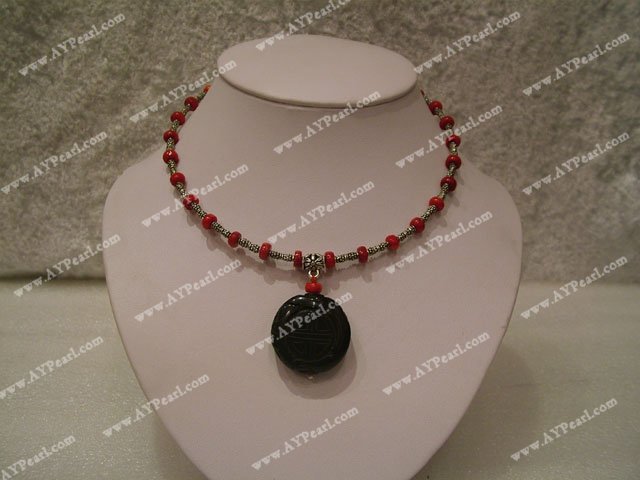 coral black jade necklace