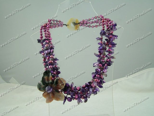 Wholesale Pearl Jewelry-pearl amethyst indian agate flower necklace