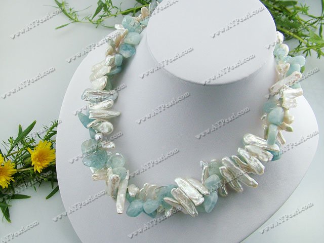 biwa pearl aquamarine chips necklace