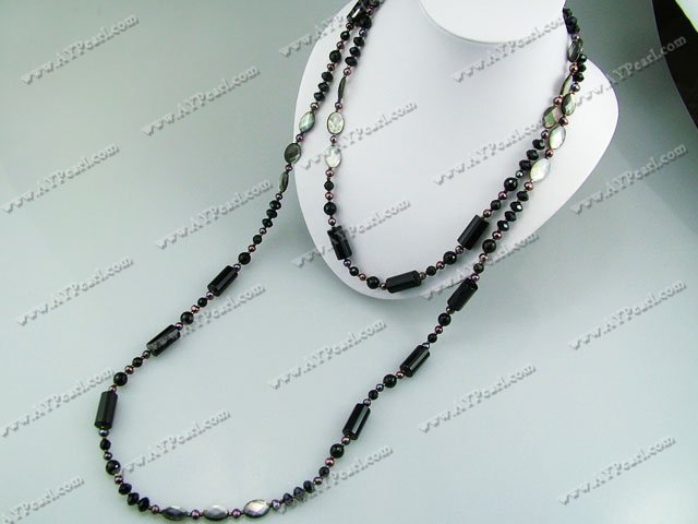faceted black agate pearl shell crystal necklace