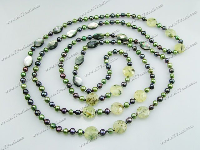 pearl faceted green rutilated quartz black shell necklace