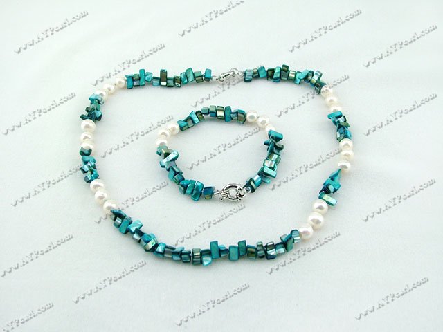 Assorted white pearl and green shell set ( Necklace and matched bracelet )