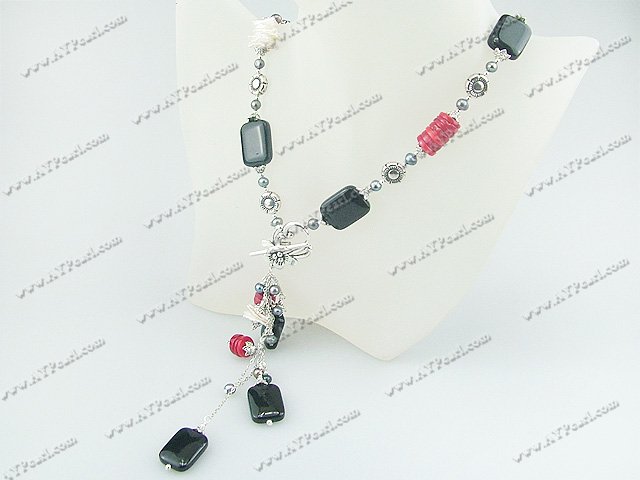 Pearl coral black agate necklace