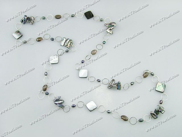 black biwa pearl smoky quartz shell necklace 