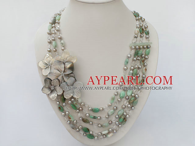pearl white crystal green opal and black lip shell necklace 