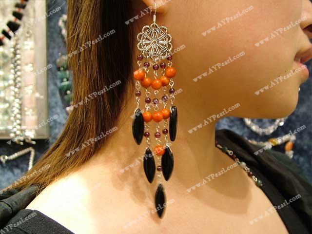 coral black agate earring