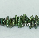 Biwa freshwater pearl  beads, green, 4*6*18mm keshi. Sold per 15.4-inch strand.