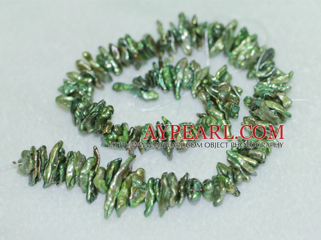 Biwa freshwater pearl  beads, green, 4*6*18mm keshi. Sold per 15.4-inch strand.