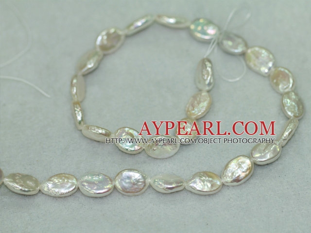 Freshwater pearl beads, white, 10-11mm oval coin. Sold per 14.8-inch strand.