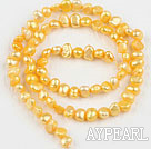 Pearl Beads, Bright Yellow, 3-4mm dyed, potato shape, Sold per 14.2-inch strand