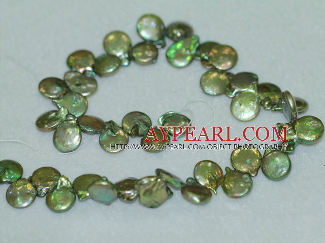 Freshwater pearl beads, green, 5*14*20 mm top-drilled coin. Sold per 15.4-inch strand.