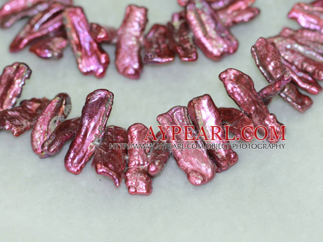 Biwa freshwater pearl beads, red,5*8*21 mm keshi. Sold per 15-inch strand.