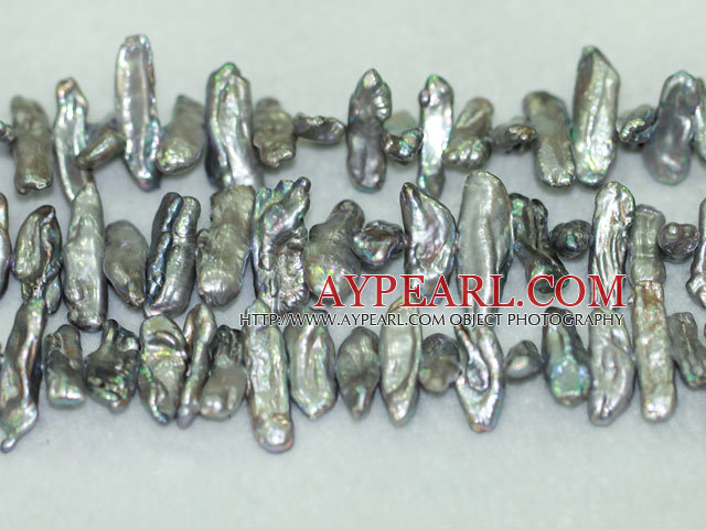 Biwa freshwater pearl beads, dark grey,5*8*25 mm keshi. Sold per 15-inch strand.