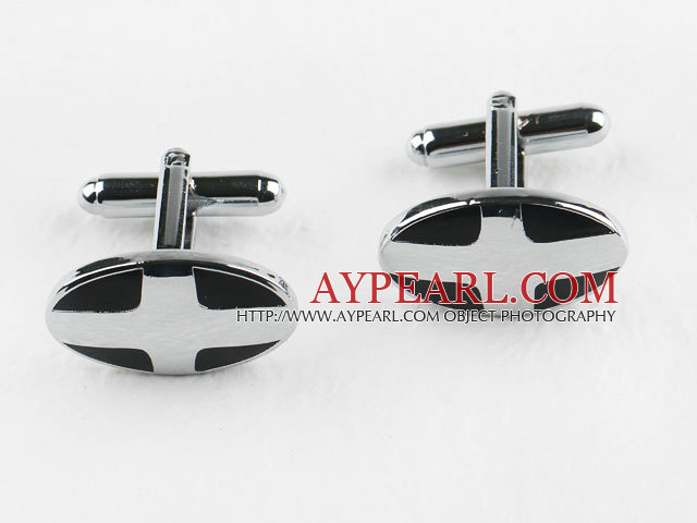 Silver color oval shape cross design cufflinks