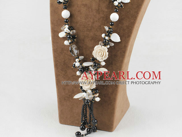 White Sea Shell and Shell and Agate and Jade Flower Necklace