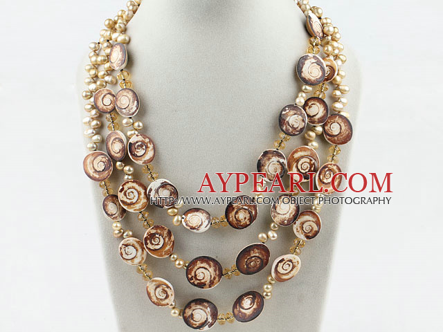 Multi Strands Champagne Color Pearl and Shell Fossil Necklace
