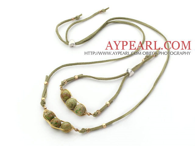 Green Series Wire Wrapped Imperial Jasper Pea Pendant Set with Green Leather ( Necklace and Matched Bracelet)